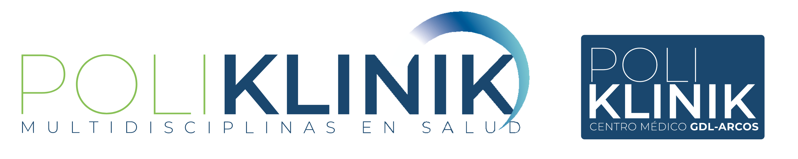 Logotipos de Poliklinik con texto azul y verde, arco estilizado y lemas 'Multidisciplinas en Salud' y 'Centro Médico GDL Arcos'