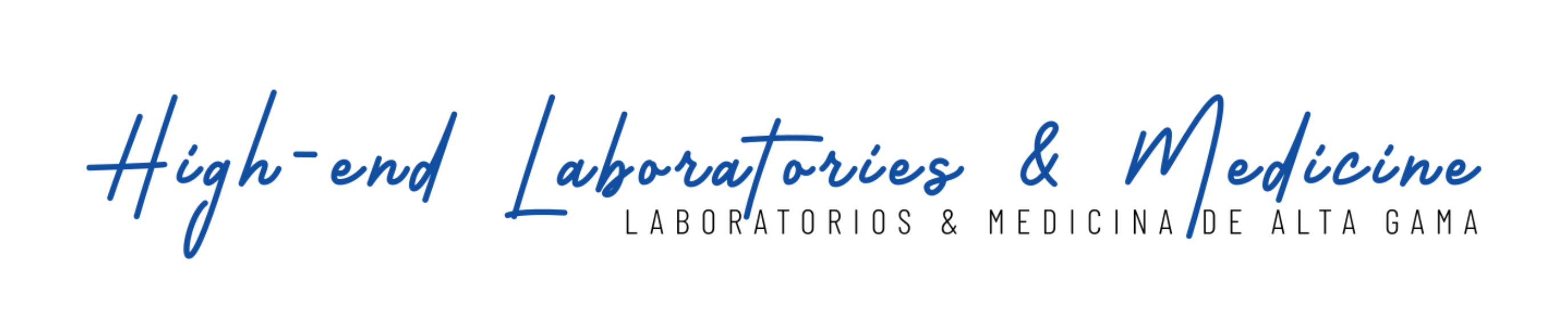 Logo de High-end Laboratories & Medicine en fondo blanco con texto en cursiva azul elegante, representando calidad y precisión en medicina premium.