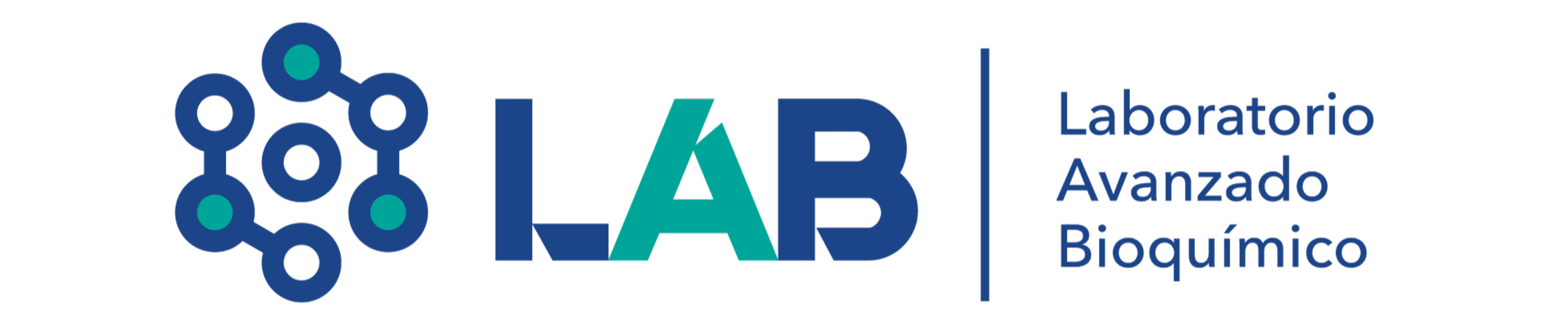 Logotipo del Laboratorio Avanzado Bioquímico con un icono de molécula estilizada a la izquierda. El acrónimo LAB se muestra de forma destacada en letras negritas de color azul y verde azulado.