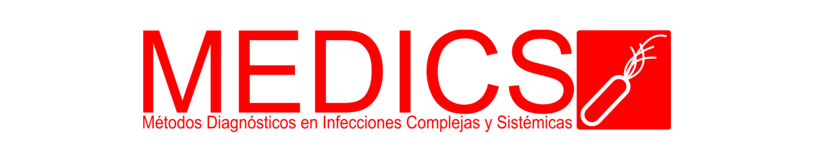 Fondo Rojo con letrero blancas de MEDICS y un cuadrado blanco con una bacteria