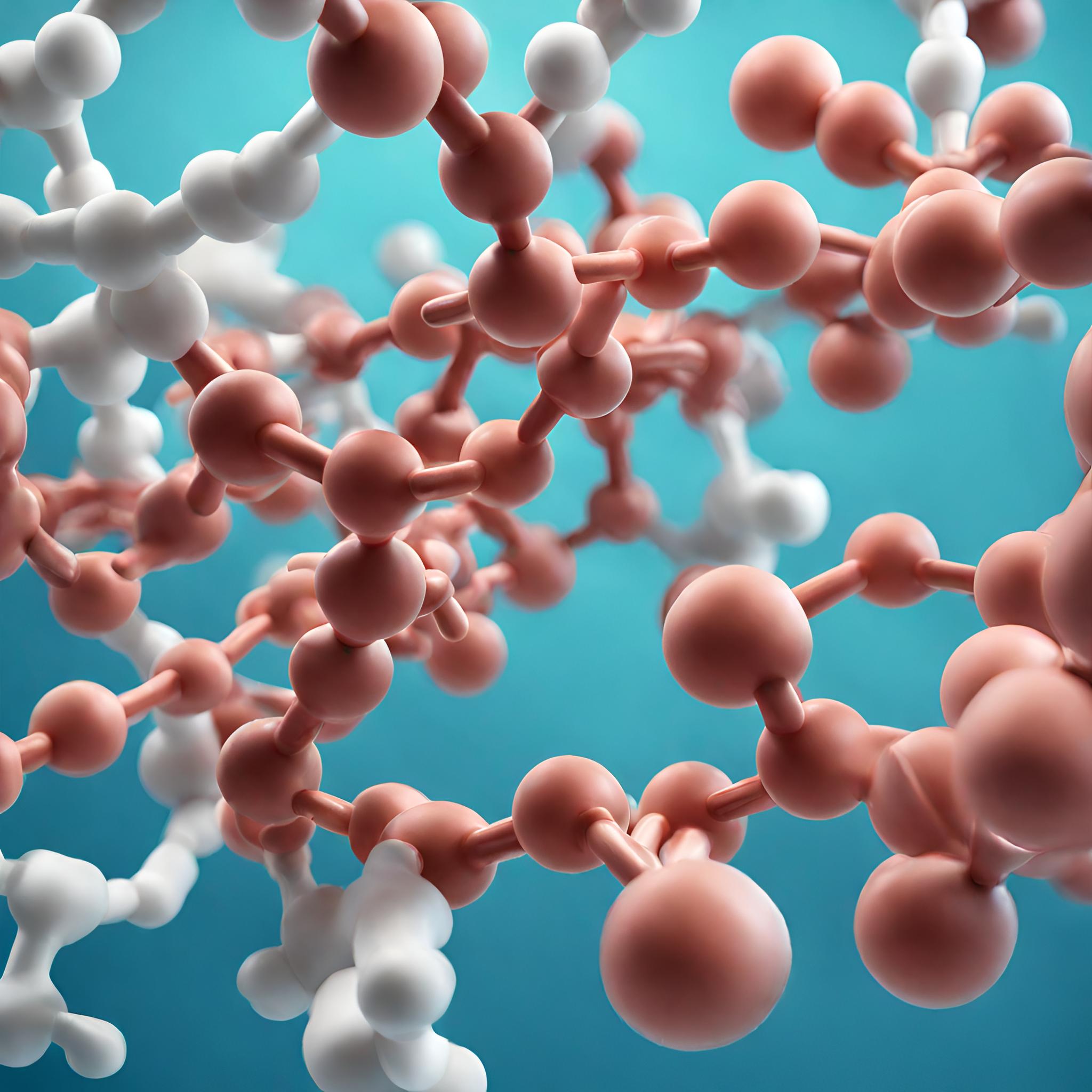 Estructura molecular con esferas rosas y blancas interconectadas sobre fondo azul, representando investigación científica y complejidad química.