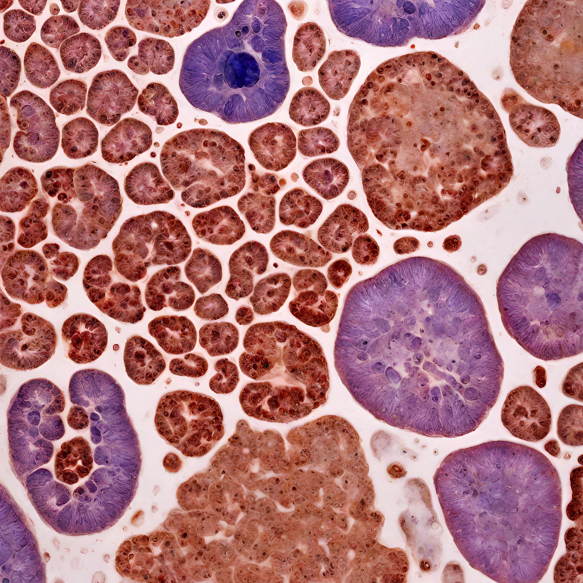 Células leucémicas LMC bajo microscopio: granulocitos inmaduros, basófilos y blastos en muestra de sangre periférica.