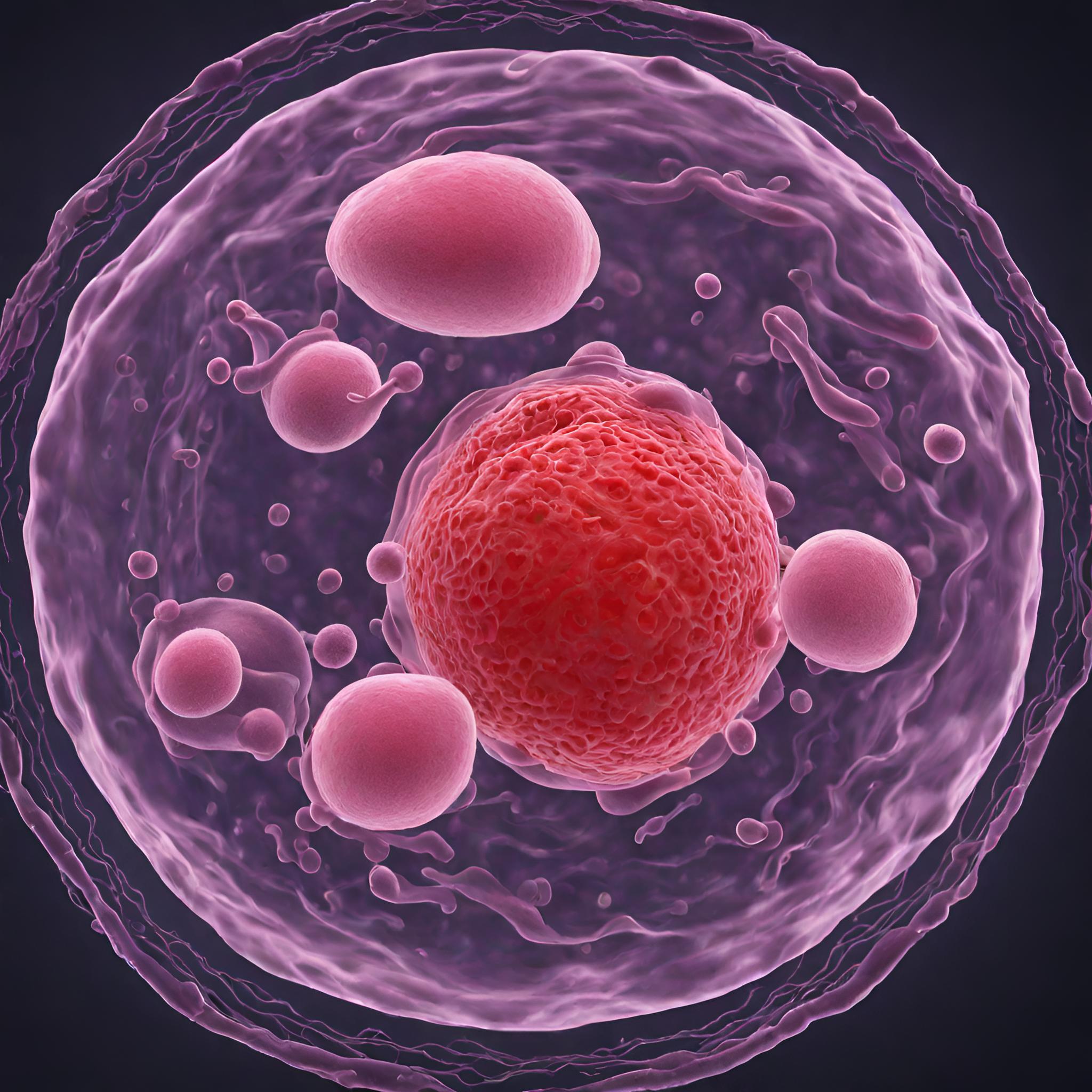 Célula eucariota rosa con núcleo grande y orgánulos pequeños, sobre fondo oscuro. Representación científica detallada de la estructura celular.