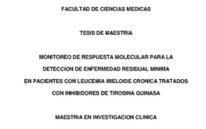 Portada de tesis de maestría de la Facultad de Ciencias Médicas sobre monitoreo de respuesta molecular en Leucemia Mieloide Crónica (LMC) y enfermedad residual mínima.