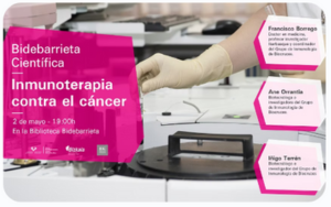 Ilustración científica de inmunoterapia aplicada a la leucemia mieloide crónica (LMC), mostrando células inmunes atacando células cancerosas.