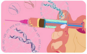 Ilustración científica de terapia génica para leucemia mieloide crónica (LMC), mostrando tecnología CRISPR editando ADN en células cancerosas.